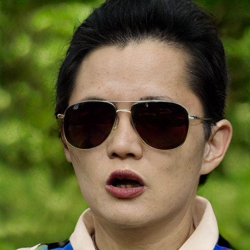 Chinese man with large sunglasses and a nagative expression by the forest.png